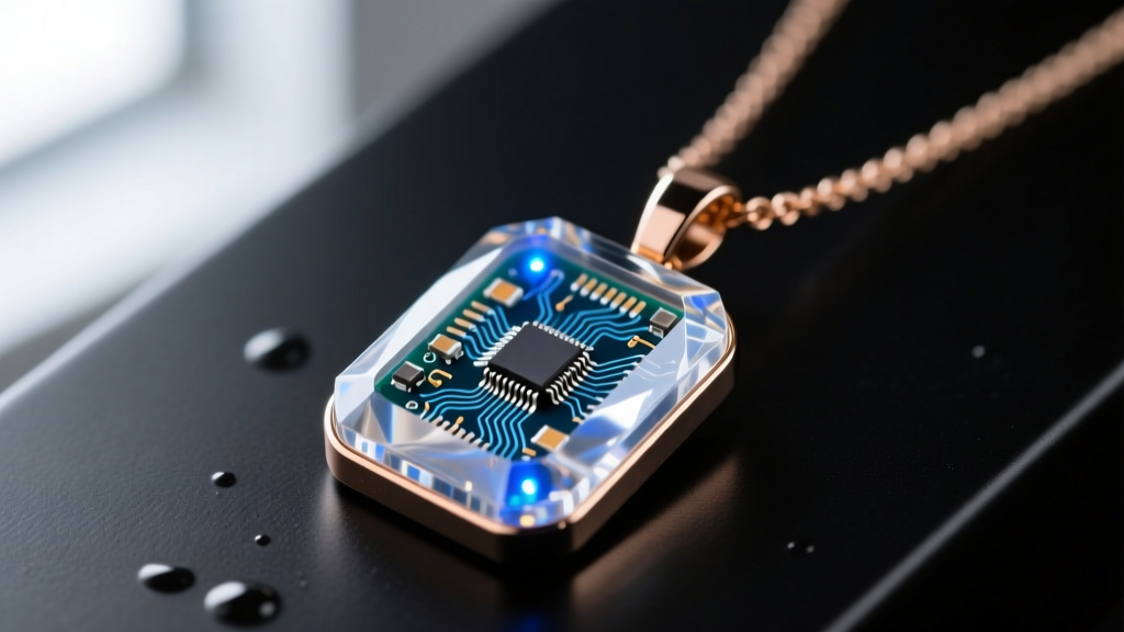 Macro shot of a sealed lighting necklace pendant showing clear epoxy potting over a micro-LED circuit to prevent water damage