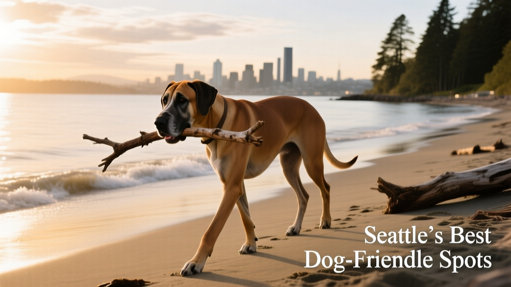 a gentle giant Great Dane trotting along a quiet Seattle shoreline, holding a sturdy branch in its mouth
