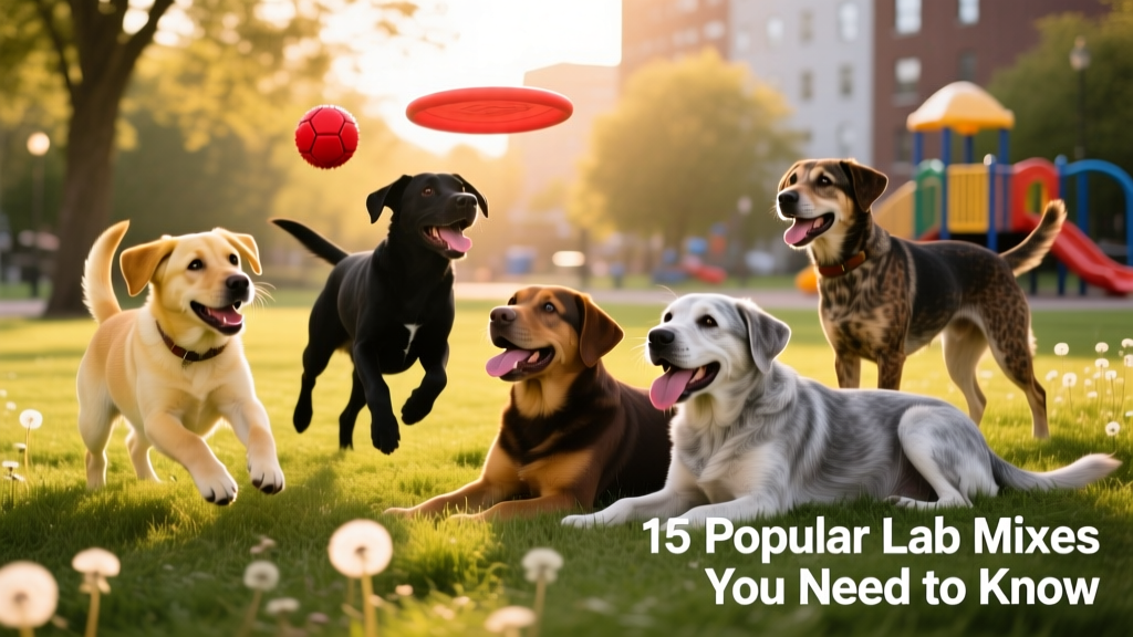 A joyful, diverse group of Labrador mixes playing together in a sunlit park
