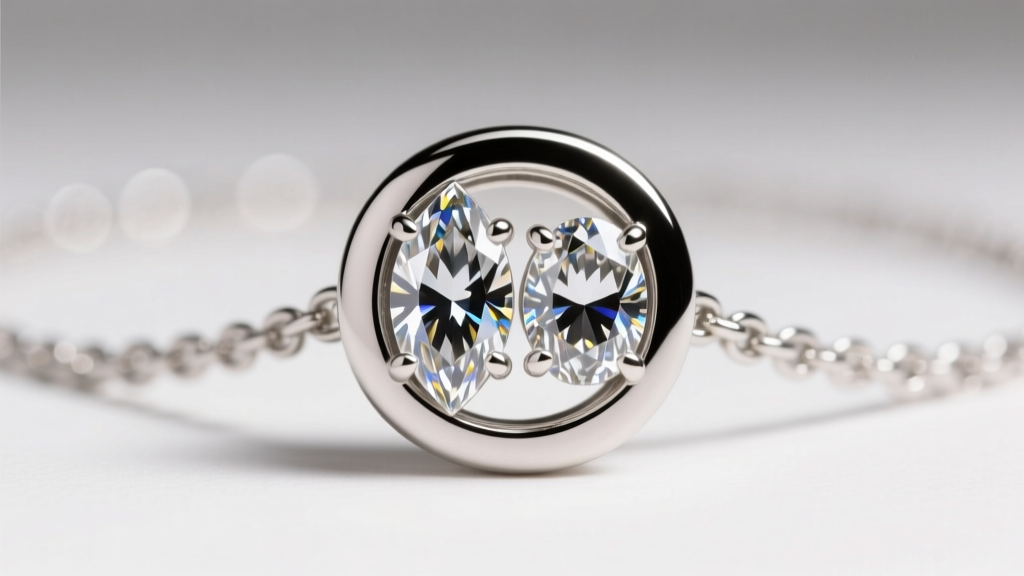 Macro shot of a bezel-set two diamond pendant, showing the smooth metal rim holding a marquise and oval stone on a fine chain