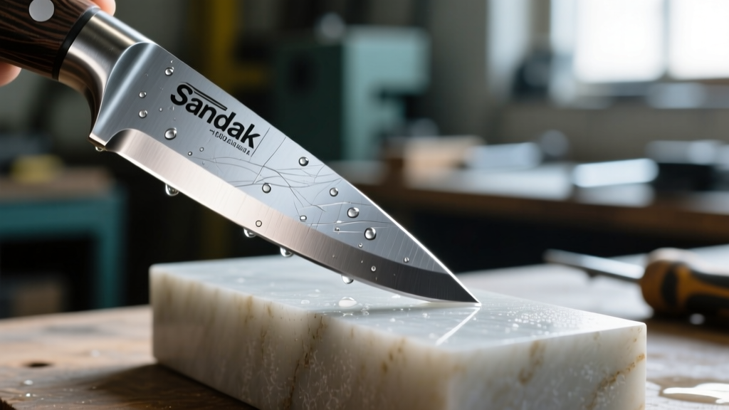 Macro shot of a recycled Sandvik steel knife edge being sharpened at a precise 15-degree angle on a 1000-grit ceramic water stone