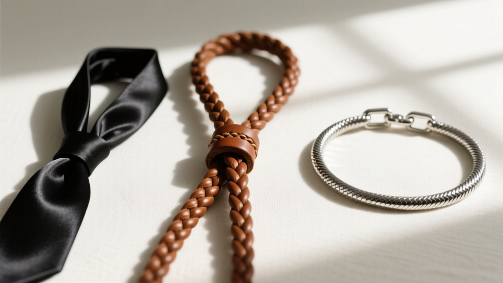 Flat lay of three distinct bolo tie cords: a 3mm braided brown leather, a black silk cord, and a sterling silver snake chain