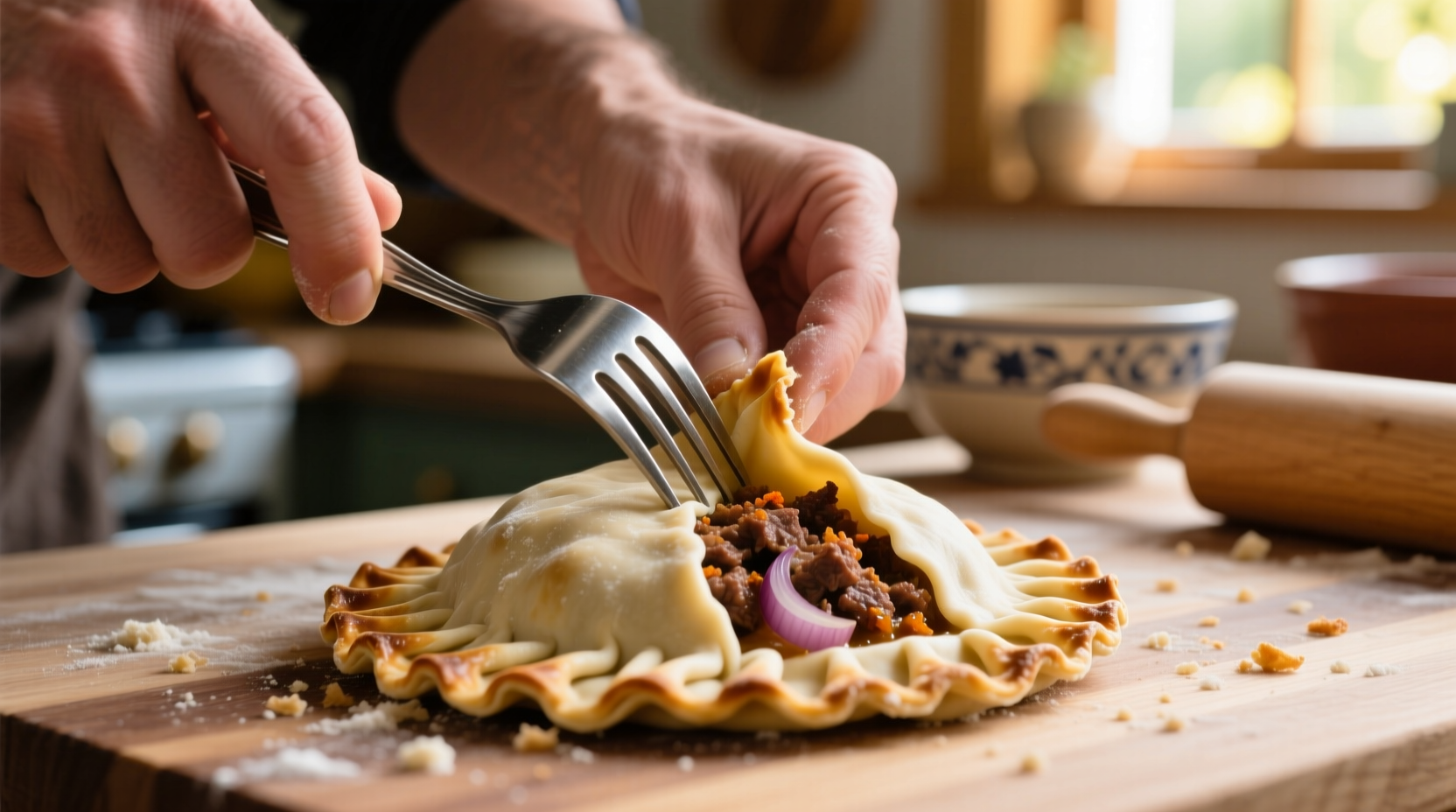 Hand-crimping empanada edges with fork