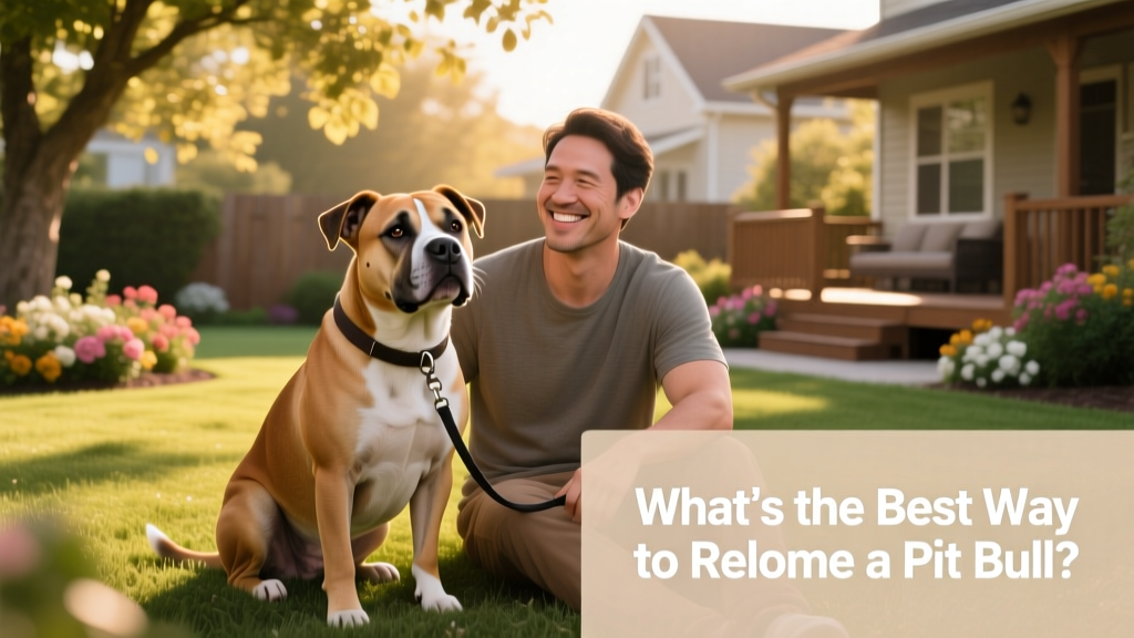 A calm, well-mannered pit bull sitting beside a smiling adult in a sunny backyard