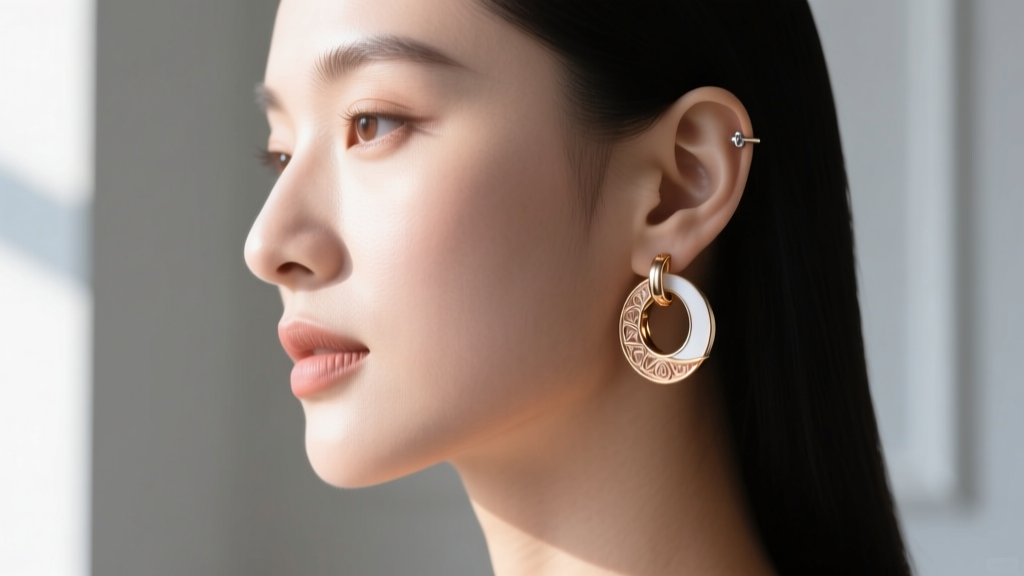 Close-up profile of a woman wearing rose gold and white gold two tone hoop earrings in a cartilage piercing, soft natural daylight