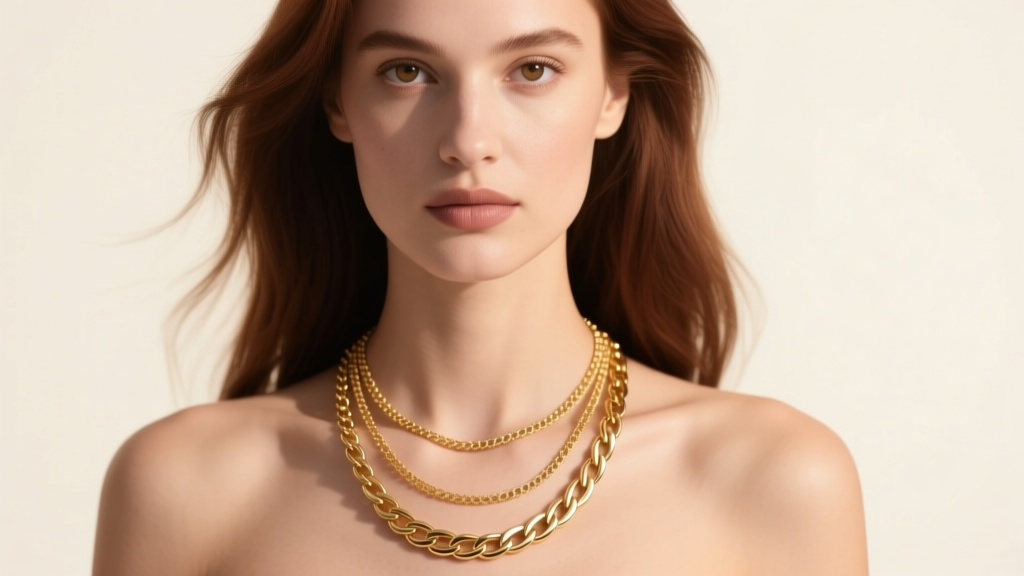 Elegant female model wearing a gold three strand necklace with varying chain thicknesses, soft studio lighting highlighting the collarbone