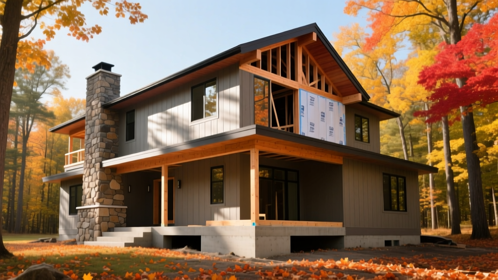 Modern two-story craftsman home with fiber cement siding and stone accents under construction in a wooded Michigan suburban lot during autumn