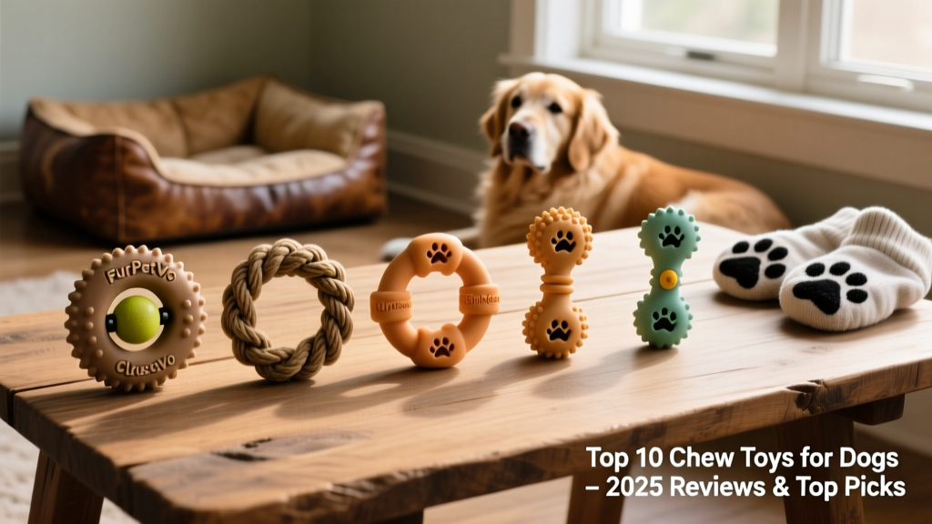 Side-by-side comparison of five top-rated chew toys, including the FurPetVo Classic, FurPetVo Tough Ring, and FurPetVo Puppy Teether