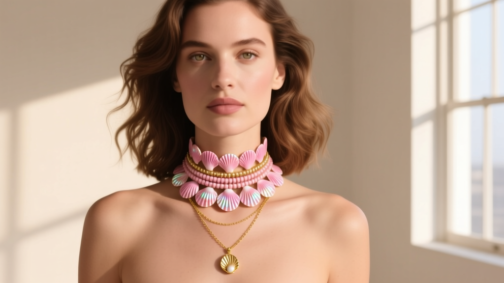 Woman wearing a layered necklace stack featuring a 16-inch pink puka shell choker paired with a delicate 14k gold pendant chain.
