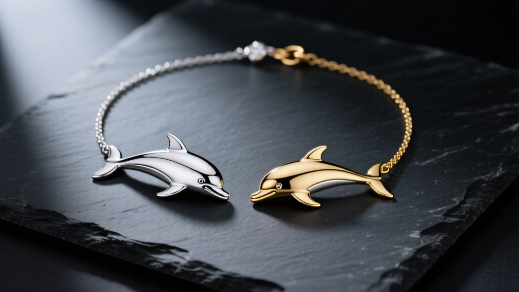 Flat lay of sterling silver and 14k gold dolphin necklaces on dark slate, illuminated by soft, moody directional lighting