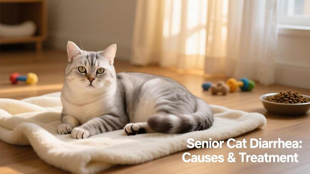 Senior cat resting calmly on a soft blanket, showing no visible distress