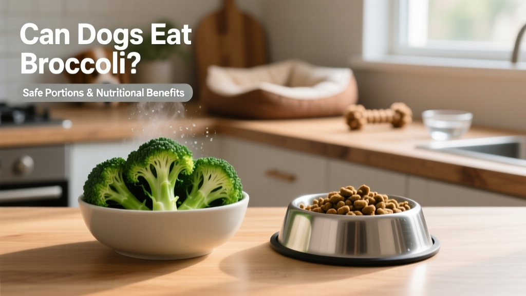A bowl of chopped raw and steamed broccoli next to a dog food bowl, showing safe portion size comparison