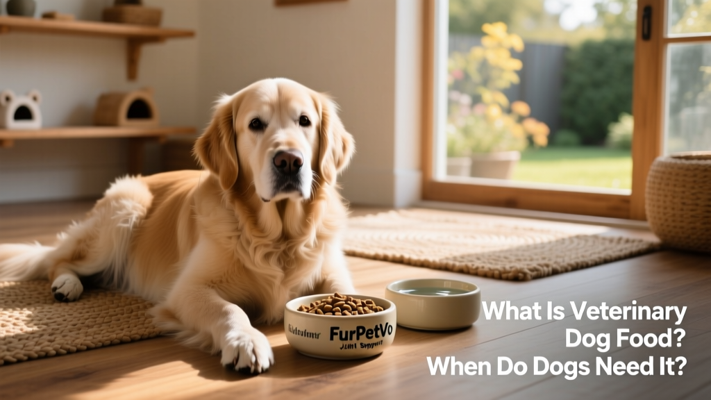 Senior dog comfortably resting beside a bowl of FurPetVo joint support dry food and a water bowl
