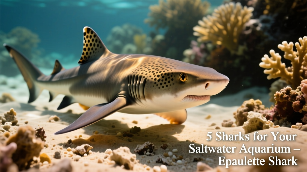 A close-up of an Epaulette Shark walking across coral rubble on a sandy seafloor