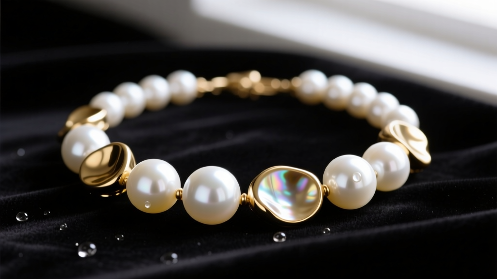 Macro shot of a mixed pearl bridal jewelry set with round white Akoya and metallic gold baroque freshwater pearls on dark velvet