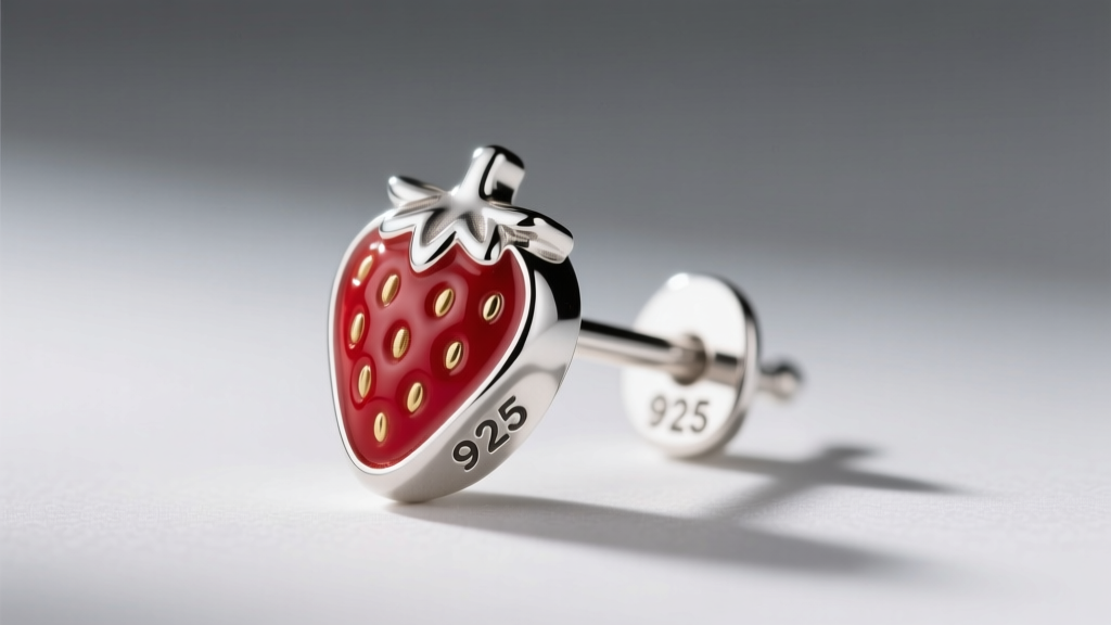 Macro shot of a sterling silver Strawberry Shortcake post earring showing the 925 hallmark and a smooth 20-gauge earring post