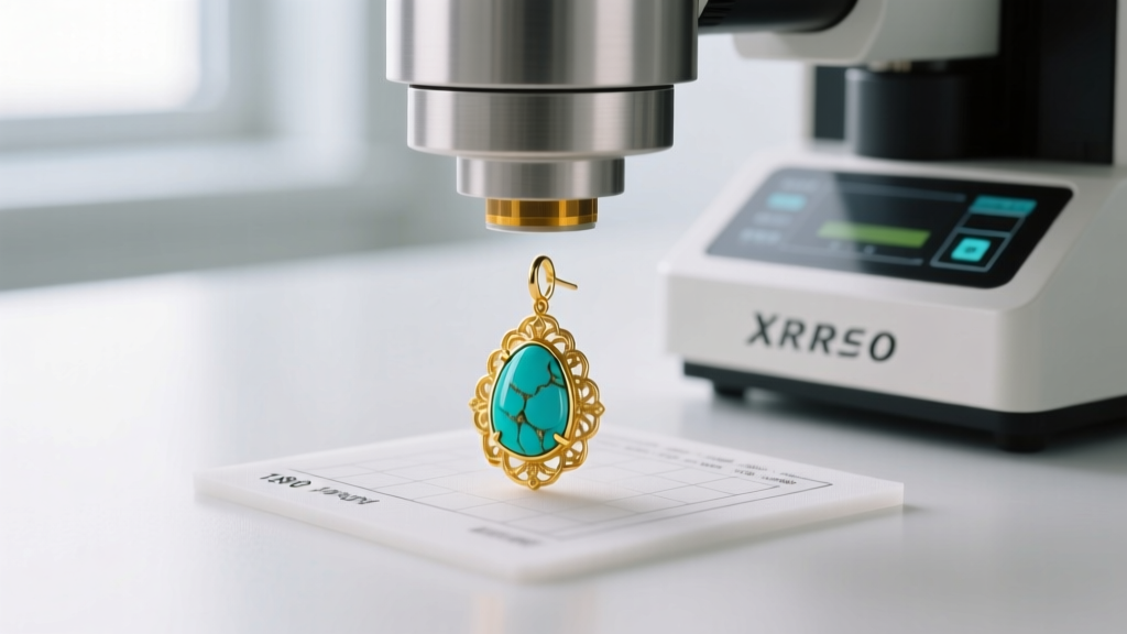 Close-up of an XRF spectrometer analyzing an 1890s 18-karat yellow gold turquoise drop earring on a gemological lab testing mat.