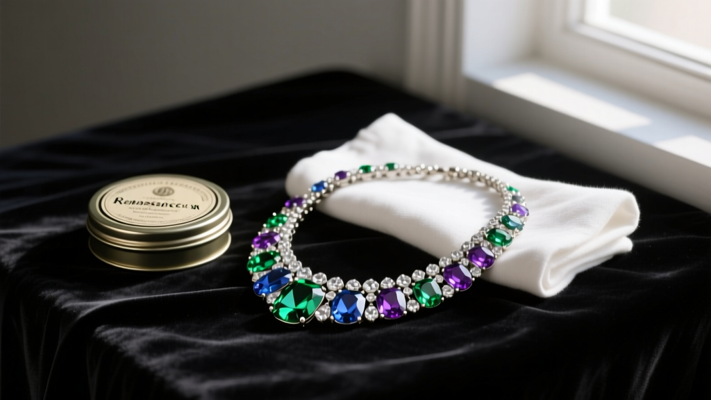 Tin of Renaissance wax and lint-free cotton cloth resting beside a polished mid-century rhinestone necklace on dark velvet