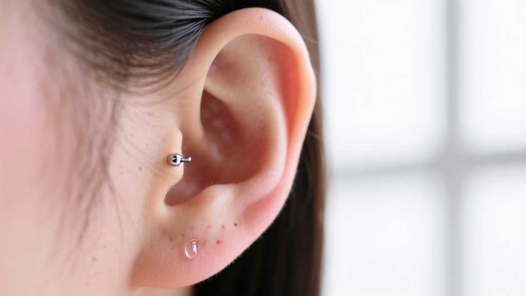 Close-up of a female earlobe with a minor tear near a 20-gauge stud earring, soft clinical lighting, high detail on skin texture