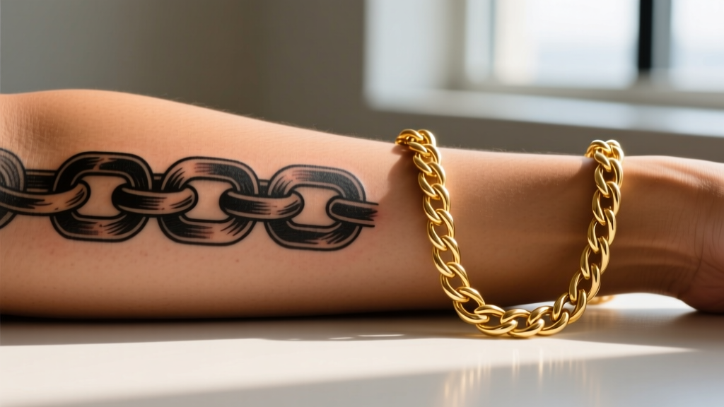 Side-by-side view of a blown-out chain tattoo and a crisp 14k solid gold cable chain resting on skin for value comparison