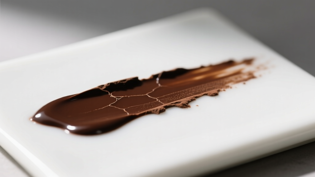 Macro photography of a chocolate-brown streak left by genuine Whitby jet on an unglazed white porcelain testing tile surface