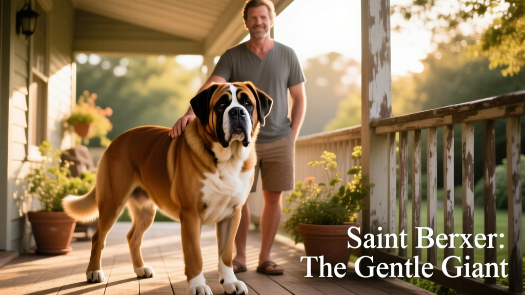 An adult Saint Berxer standing confidently beside its owner on a sunlit porch, showcasing its sturdy frame and friendly expression