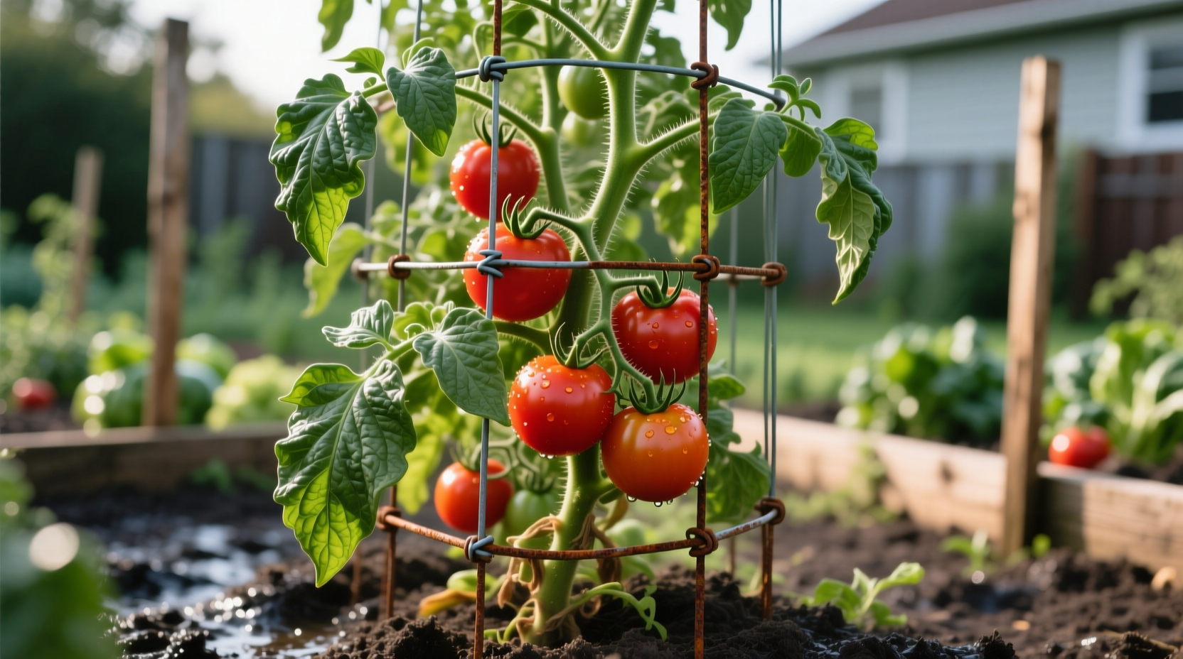 Tomato Plant with Cage: Optimal Support for Maximum Yield