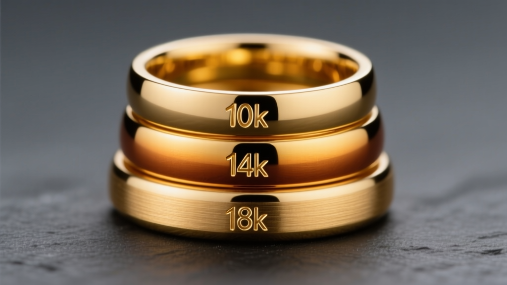 Close-up of three stacked yellow gold rings in 10k, 14k, and 18k, showing subtle color variations against a dark slate background.