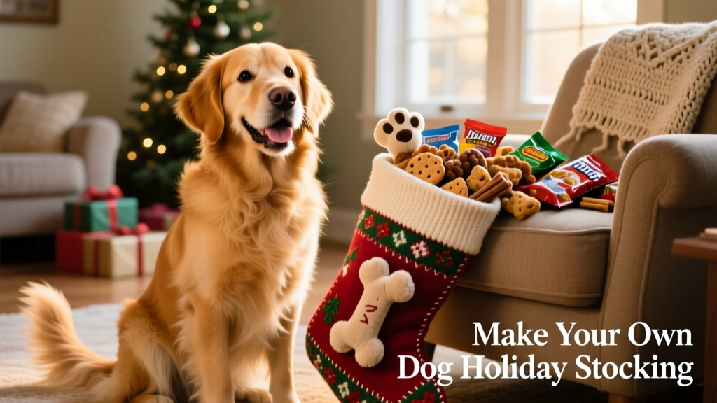 A happy dog sitting beside their filled holiday stocking, tail wagging, with a few treats and a plush toy spilling out