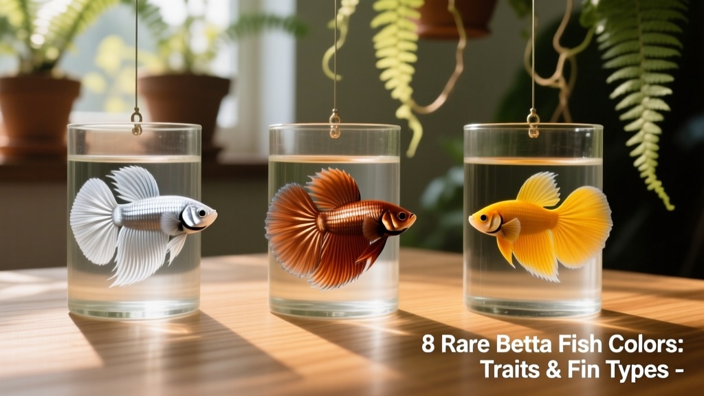 Side-by-side comparison of three rare betta varieties: a platinum plakat, a copper crown tail, and a mustard gas half-moon