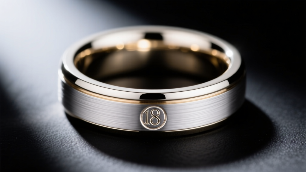 Extreme close-up of an 18k and maker mark hallmark stamped inside a white gold ring shank, illuminated by harsh directional light