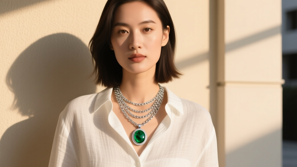Woman wearing layered sterling silver chains with a round green onyx pendant over a white linen button-down shirt in warm light.