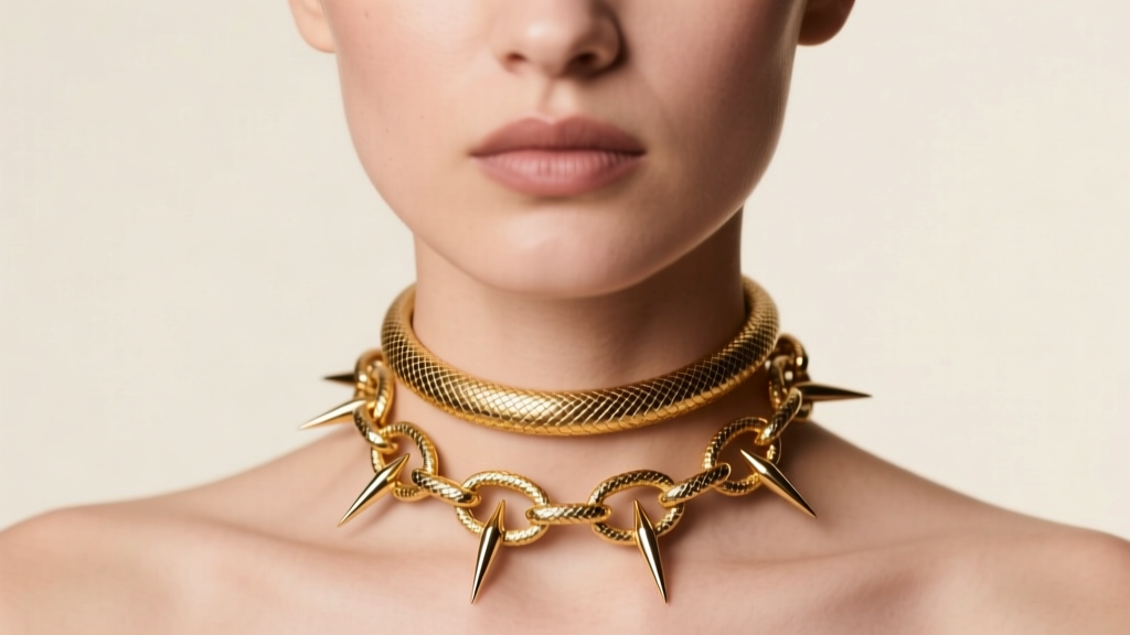 Model wearing a gold vermeil briar choker, showing a delicate snake chain and the safely blunted tips of the metallic thorns.