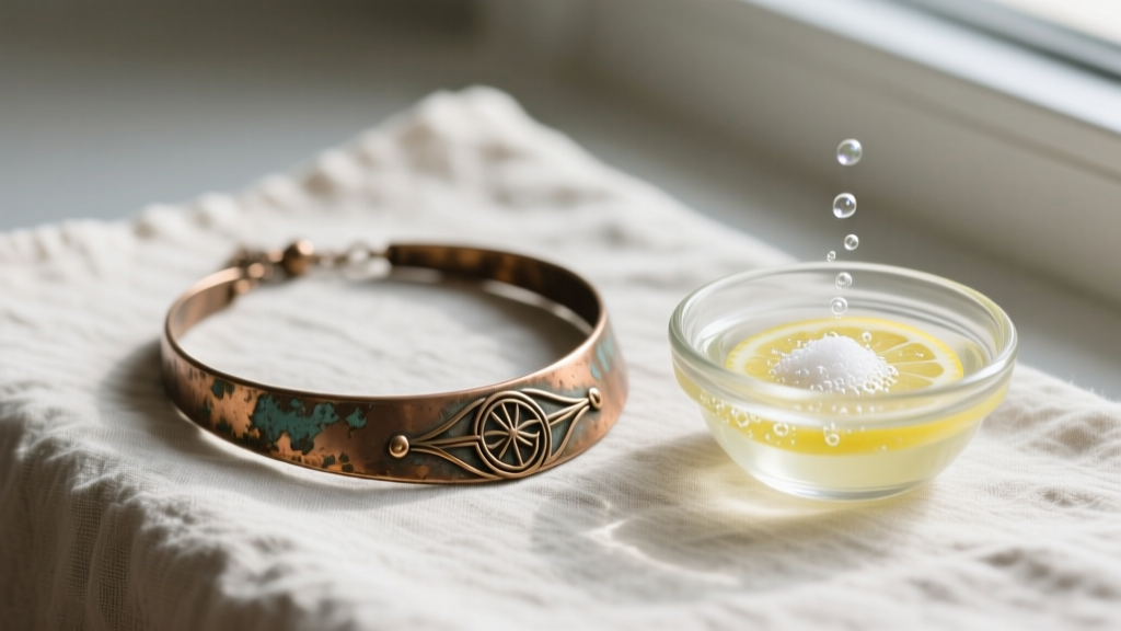 Tarnished bronze necklace on linen beside a small glass bowl containing a mild lemon juice and baking soda cleaning solution.