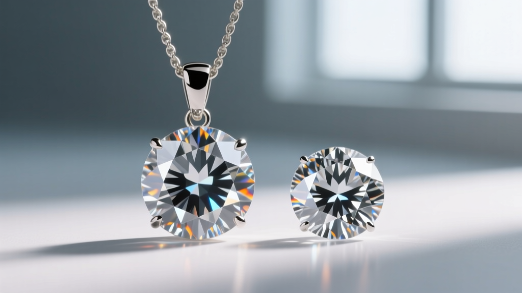 Macro shot comparing a CZ pendant and a lab diamond, highlighting differences in light dispersion and crisp facet junctions