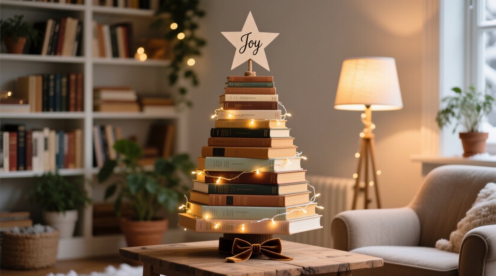 how to make a christmas tree out of books for a cozy reading nook display