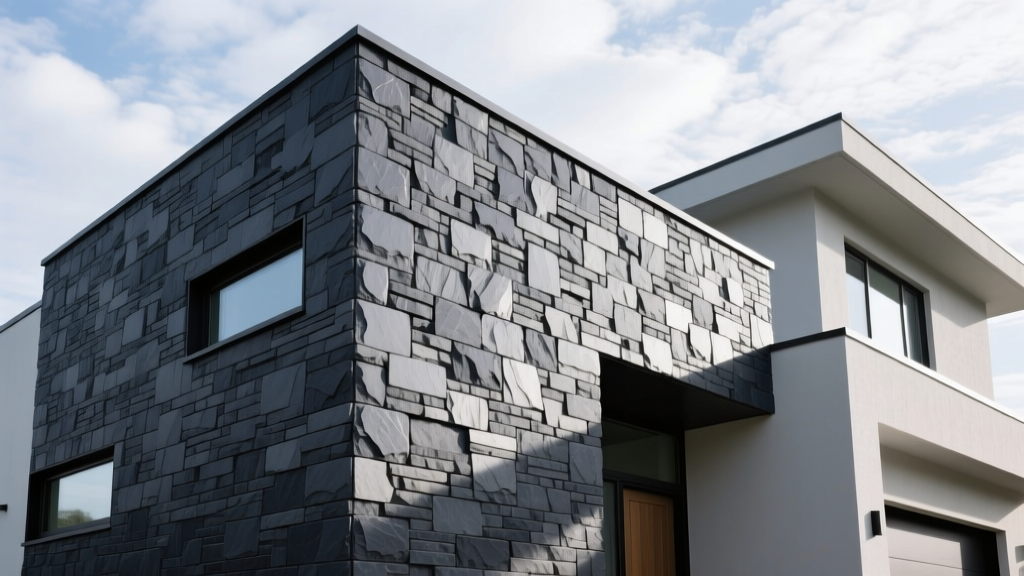Interlocking manufactured dry stack stone veneer in charcoal slate tones installed on a modern exterior home facade
