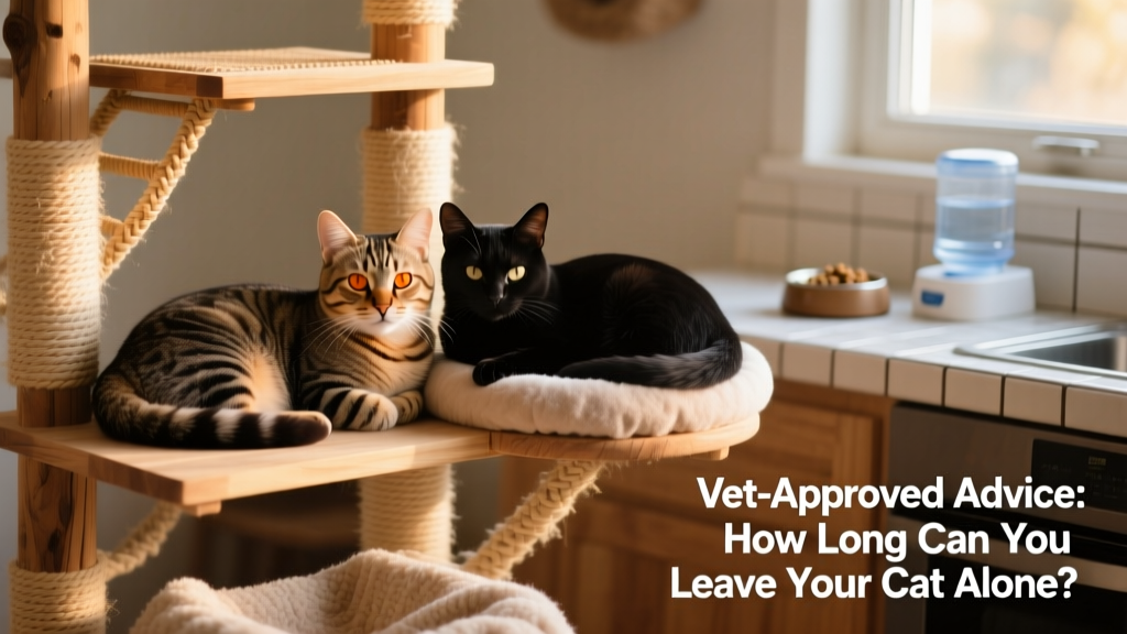 Two adult cats resting peacefully side-by-side on a cozy cat tree with food and water stations visible in background