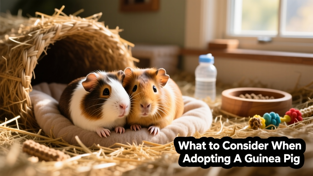 Two friendly guinea pigs nestled together in a cozy, hay-filled enclosure with tunnels and soft bedding