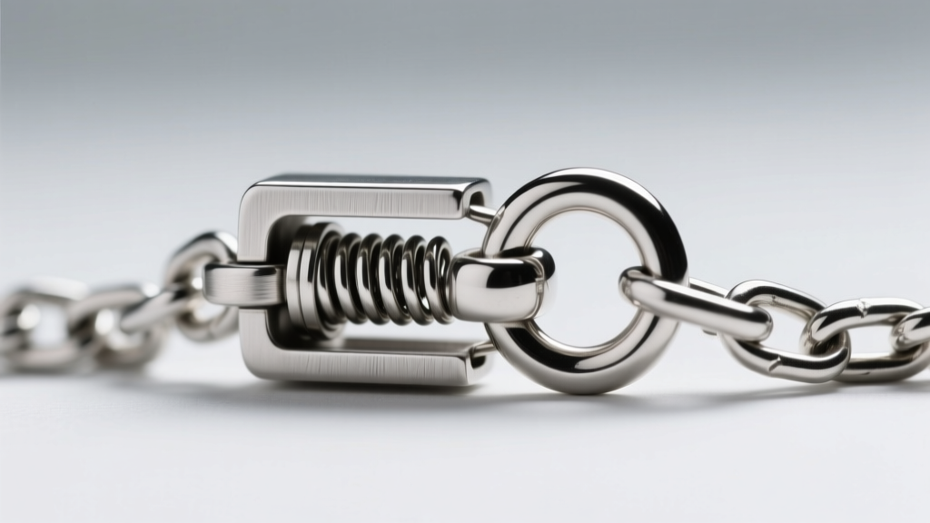 Macro shot of a sterling silver box chain lobster clasp, revealing the internal spring mechanism and soldered jump ring connection