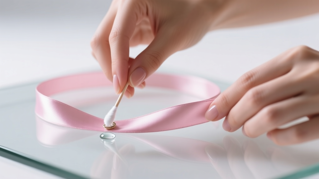 Hands gently spot-cleaning a blush pink silk ribbon necklace using a cotton swab and distilled water on a clean glass workspace