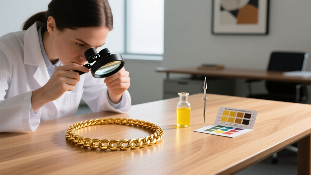 Gemologist examining a heavy 14k gold figaro necklace with a 10x loupe at a modern wooden desk alongside an acid gold testing kit