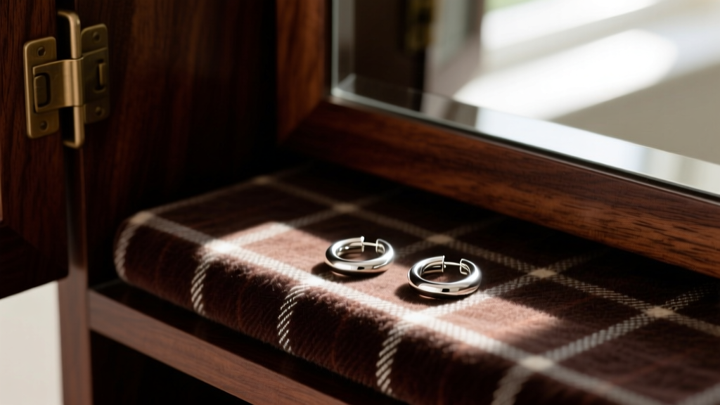 Close-up of anti-tarnish treated flannel lining inside a dark wood mirror cabinet, with silver hoop earrings resting on the fabric.