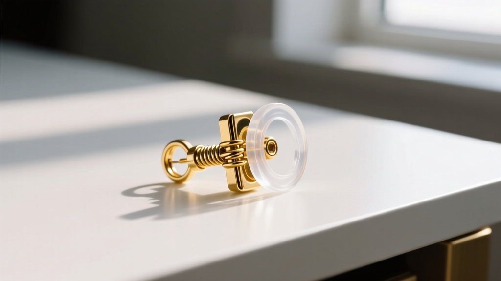 Macro shot of a vintage 90s gold clip-on earring mechanism being fitted with a brand new clear silicone comfort pad on a desk