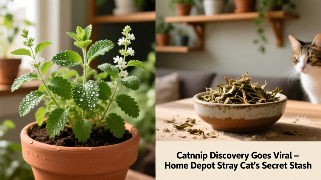 Side-by-side comparison showing fresh catnip plants and a small bowl of dried catnip leaves