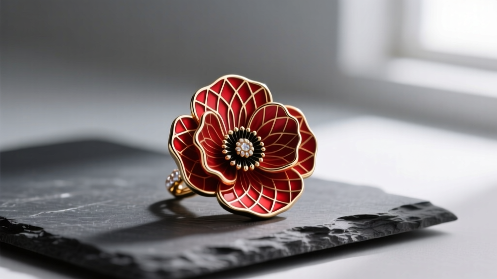 Close-up of a red guilloche enamel poppy flower necklace pendant on dark slate, lit by soft light to show texture.