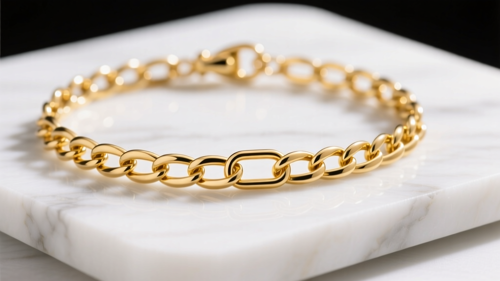 Macro shot of a thick 12mm 18k yellow gold paperclip chain necklace with a secure lobster clasp resting on a white marble surface.