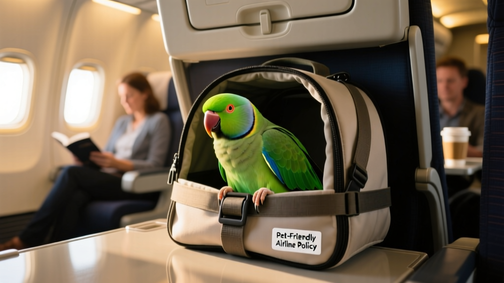 A calm, well-secured small parrot inside a soft-sided carrier under an airplane seat