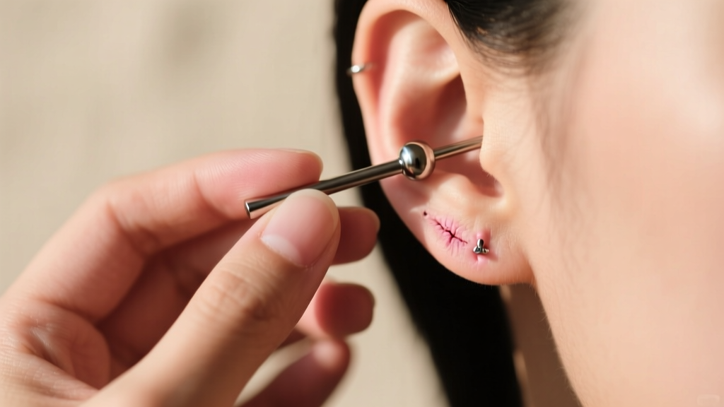 Close-up of hands holding a sterile 18-gauge titanium labret stud near a healed earlobe piercing under soft, warm natural lighting.