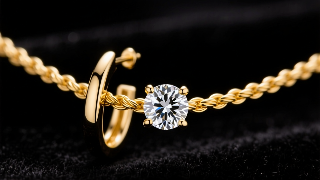 Close-up of a 14k yellow gold thread through earring with a 3-inch cable chain and bezel-set diamond resting on dark velvet
